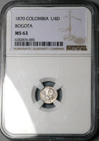 1870 NGC MS 63 Colombia 1/4 Decimo Bogota Rare Silver Coin POP 2/0 (23060702C)