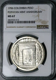 1956 NGC MS 67 Colombia Peso 200th Year Popayan Mint 12k Silver Coin Top POP (16031209D)