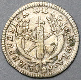 1829-Pn RU Colombia 1 Real Popayan Mint VF Rare Silver Coin (26080701R)