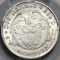 1874 PCGS AU 58 Colombia 2 Decimos Medellin 20 Centavos Silver Coin POP 1/0 (24091102D)