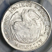 1874 PCGS AU 58 Colombia 2 Decimos Medellin 20 Centavos Silver Coin POP 1/0 (24091102D)