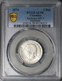 1874 PCGS AU 58 Colombia 2 Decimos Medellin 20 Centavos Silver Coin POP 1/0 (24091102D)