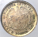 1877/6 NGC AU 55 Colombia 50 Centavos Bogota Overdate Silver Coin POP 1/0 (24070201C)