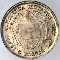 1877/6 NGC AU 55 Colombia 50 Centavos Bogota Overdate Silver Coin POP 1/0 (24070201C)