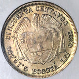 1877/6 NGC AU 55 Colombia 50 Centavos Bogota Overdate Silver Coin POP 1/0 (24070201C)