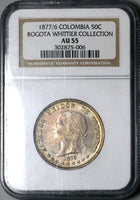 1877/6 NGC AU 55 Colombia 50 Centavos Bogota Overdate Silver Coin POP 1/0 (24070201C)