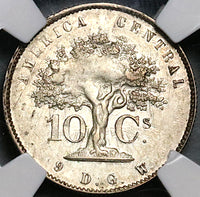 1870 NGC AU 58 Costa Rica 10 Centavos Ceiba Tree 48k Error Silver Coin (23061403C)