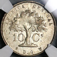 1870 NGC AU 58 Costa Rica 10 Centavos Ceiba Tree 48k Error Silver Coin (23061403C)