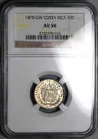 1870 NGC AU 58 Costa Rica 10 Centavos Ceiba Tree 48k Error Silver Coin (23061403C)