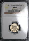 1870 NGC AU 58 Costa Rica 10 Centavos Ceiba Tree 48k Error Silver Coin (23061403C)