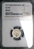 1917 NGC MS 65 Costa Rica 10 Centavos Gem Mint State Silver Coin (23061301D)