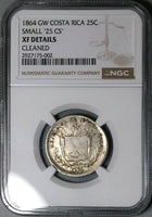 1864 NGC XF Costa Rica 25 Centavos Small 25 Cs Ceiba Tree Silver Coin (25081401D)