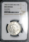 1902 NGC UNC Costa Rica 50 Centimos Rare No Counterstamp Silver Coin (26021901D)