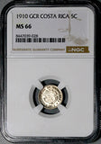 1910 NGC MS 66 Costa Rica 5 Centimos Gem Key Mint State Silver Coin (26071601D)