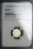 1912 NGC MS 67 Costa Rica 5 Centimos Mint State Silver Coin (23101001C)