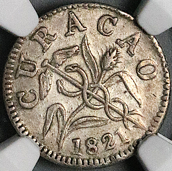 1821 NGC AU Curacao 1 Reaal 8 Acorns Rare Dutch Colonial Silver Coin (24121501C)