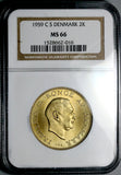 1959 NGC MS 66 Denmark 2 Kroner Frederik IX Key Date 192k POP 6/0 (26050204C)