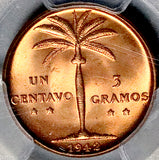 1942 PCGS MS 65 RED Dominican Republic 1 Centavo Palm Tree Gem Mint State Coin (26050105C)