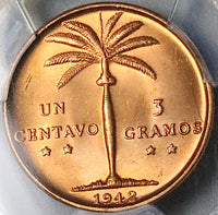 1942 PCGS MS 65 RED Dominican Republic 1 Centavo Gem Mint State Coin (23050802C)
