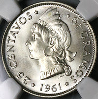 1961 NGC MS 66 Dominican Republic 25 Centavos Last 90% Silver Coin (23031903C)