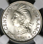 1961 NGC MS 66 Dominican Republic 25 Centavos Last 90% Silver Coin (23031903C)