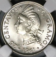 1961 NGC MS 66 Dominican Republic 25 Centavos Last 90% Silver Coin (23031903C)