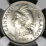 1961 NGC MS 66 Dominican Republic 25 Centavos Last 90% Silver Coin (23031903C)