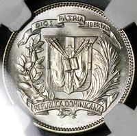 1961 NGC MS 66 Dominican Republic 25 Centavos Last 90% Silver Coin (23031903C)