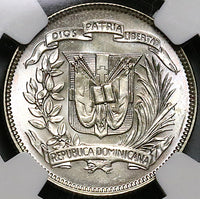 1961 NGC MS 66 Dominican Republic 25 Centavos Last 90% Silver Coin (23031903C)