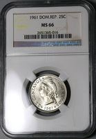 1961 NGC MS 66 Dominican Republic 25 Centavos Last 90% Silver Coin (23031903C)