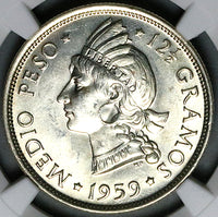 1959 NGC MS 64+ Dominican Republic 1/2 Medio Peso 50c Silver Coin (23100402C)