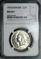 1959 NGC MS 64+ Dominican Republic 1/2 Medio Peso 50c Silver Coin (23100402C)
