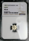 1852 NGC MS 64 Ecuador 1/4 Real Liberty Head Quito Un Quarto Silver Coin (26061801C)