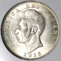 1916 NGC MS 62 Ecuador 2 Decimos de Sucre Mint State Silver Coin (23102903C)