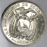 1916 NGC MS 62 Ecuador 2 Decimos de Sucre Mint State Silver Coin (23102903C)