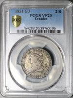 1851 PCGS VF 20 Ecuador 2 Reales Quito Mint Liberty Head Silver Coin POP 2/1 (25100101D)