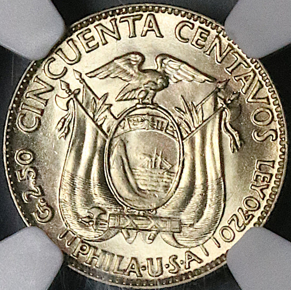 1930 NGC MS 63 Ecuador 50 Centavos Mint State Key Date