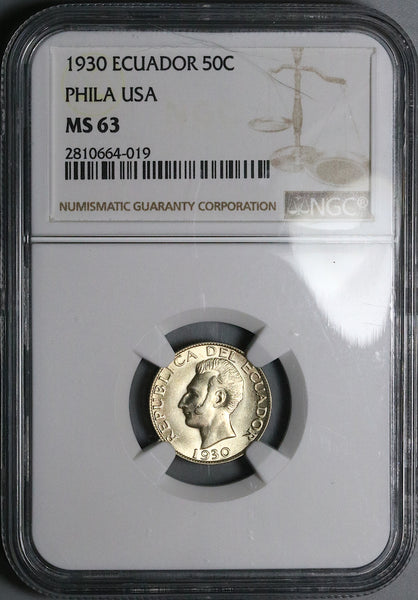1930 NGC MS 63 Ecuador 50 Centavos Mint State Key Date