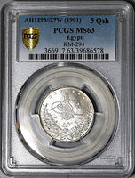 1901 PCGS MS 63 Egypt 5 Qirsh Ottoman Empire 1293/27W Silver Key Date Coin (24012301C)