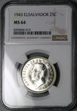 1943 NGC MS 64 El Salvador 25 Centavos Gem 90% Silver Coin (25101902D)