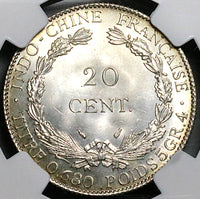 1937 NGC MS 66 French Indo China 20 Cents Vietnam Mint State Silver Coin (24082703C)