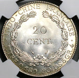 1937 NGC MS 66 French Indo China 20 Cents Vietnam Mint State Silver Coin (24082703C)
