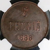 1888 NGC AU 58 Finland 5 Pennia Czar Alexander III Russia Key Coin (260012901D)