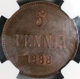 1888 NGC AU 58 Finland 5 Pennia Czar Alexander III Russia Key Coin (260012901D)