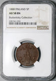 1888 NGC AU 58 Finland 5 Pennia Czar Alexander III Russia Key Coin (260012901D)