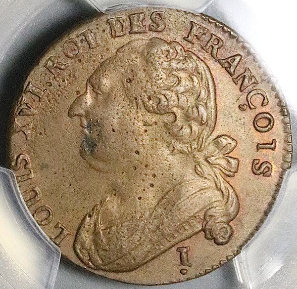 1792-I PCGS MS 62 France 12 Deniers Louis XVI Clermont-Ferrand Mint Coin POP 1/0 (24042502C)
