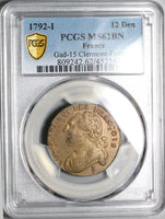 1792-I PCGS MS 62 France 12 Deniers Louis XVI Clermont-Ferrand Mint Coin POP 1/0 (24042502C)