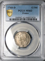 1768-D PCGS MS 63 France Louis XV 12 Sols 1/10 Ecu Lyon Mint State Silver Coin POP 1/1 (24042501C)