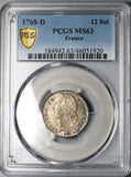 1768-D PCGS MS 63 France Louis XV 12 Sols 1/10 Ecu Lyon Mint State Silver Coin POP 1/1 (24042501C)