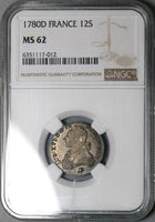 1780-D NGC MS 62 France Louis XVI 12 Sols Lyon 1/10 Ecu 38k Silver Coin POP 1/2 (23060502C)
